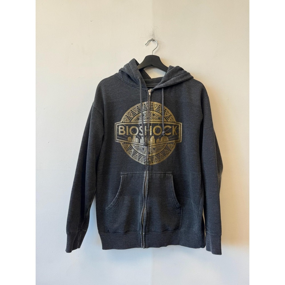 VTG BioShock Hoodie Large Gray Full Zip Fleece Graphic‎ Sweatshirt Video Game
